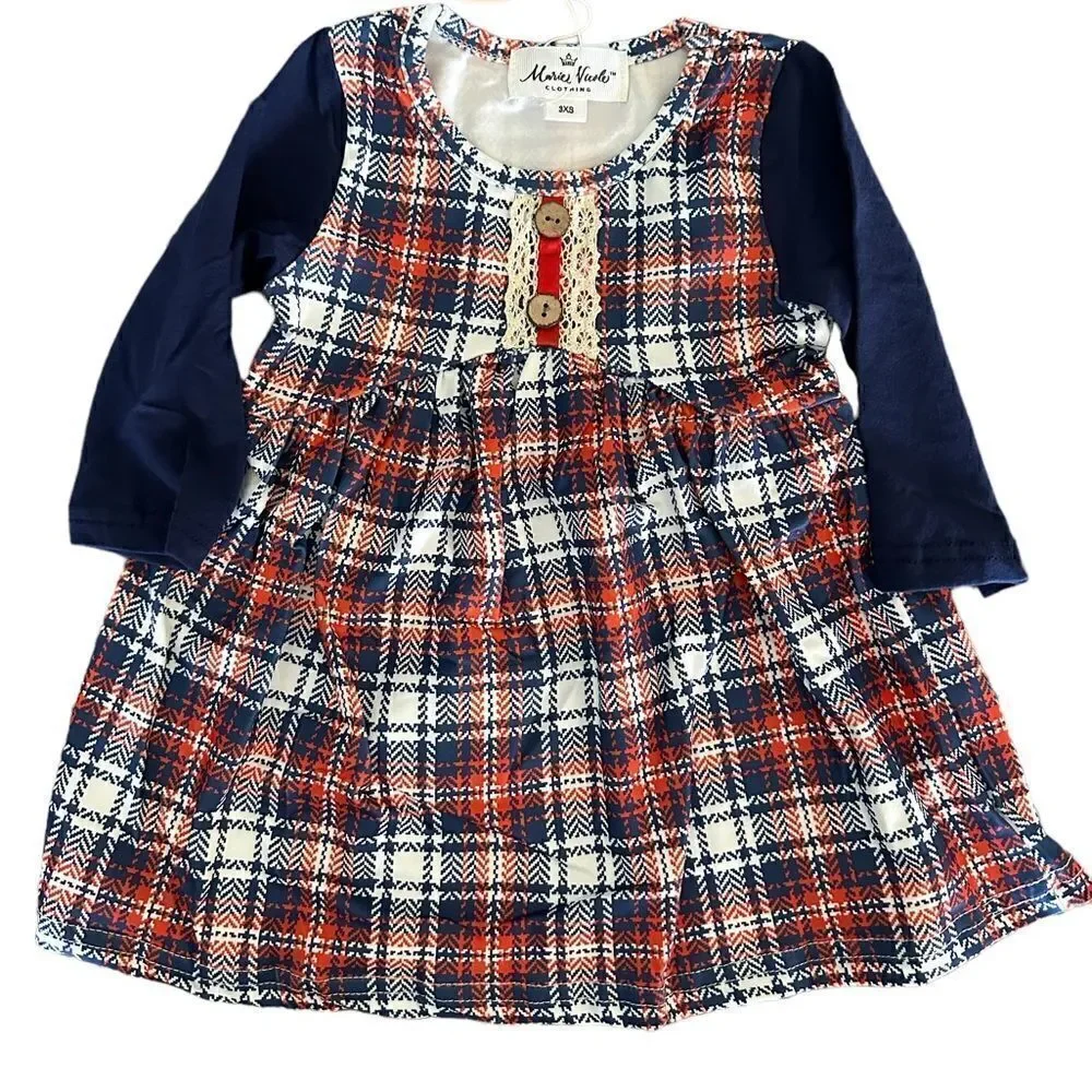NWT Girls Blue/Red Plaid Dress with Navy Raglan Sleeves Buttons and Lace Detail